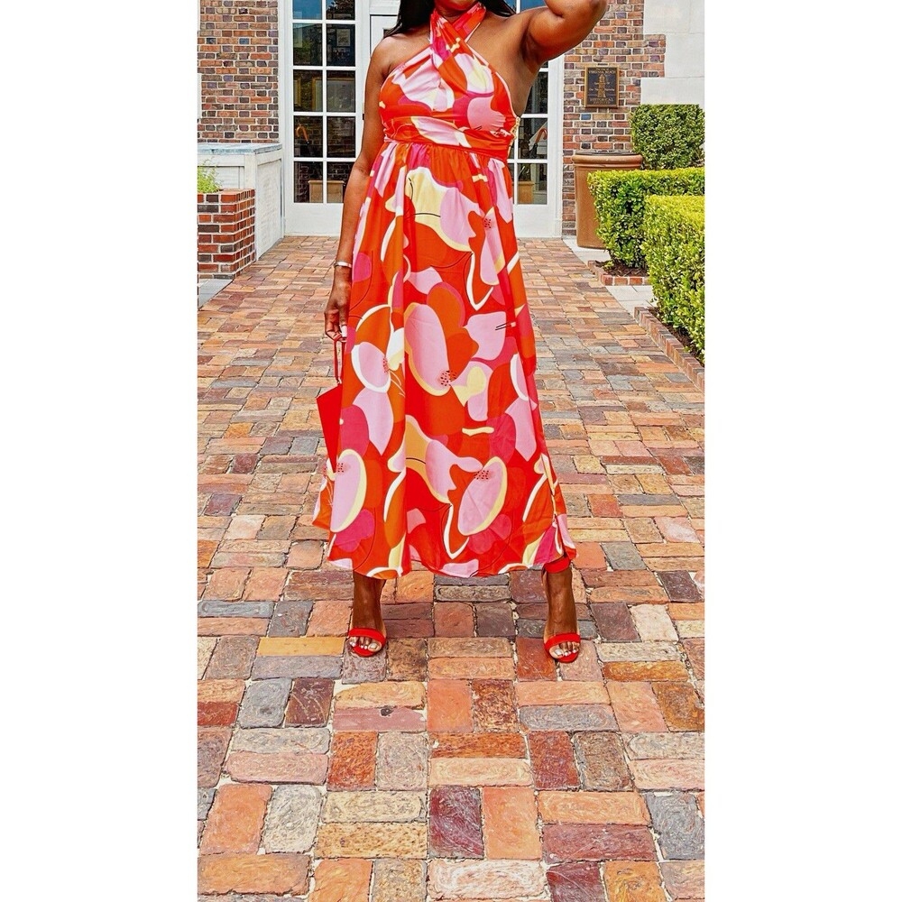 Women’s Abstract Print Halter Neck Sleeveless Maxi Dress Red/Pink/Orange M
